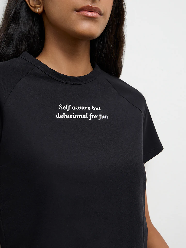 Nuon Black Text Printed Cotton T-Shirt - Image 3