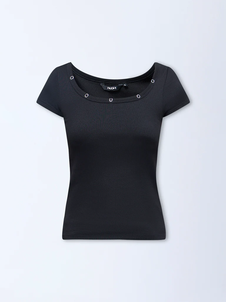 Nuon Black Textured Cotton-Blend T-Shirt - Image 5