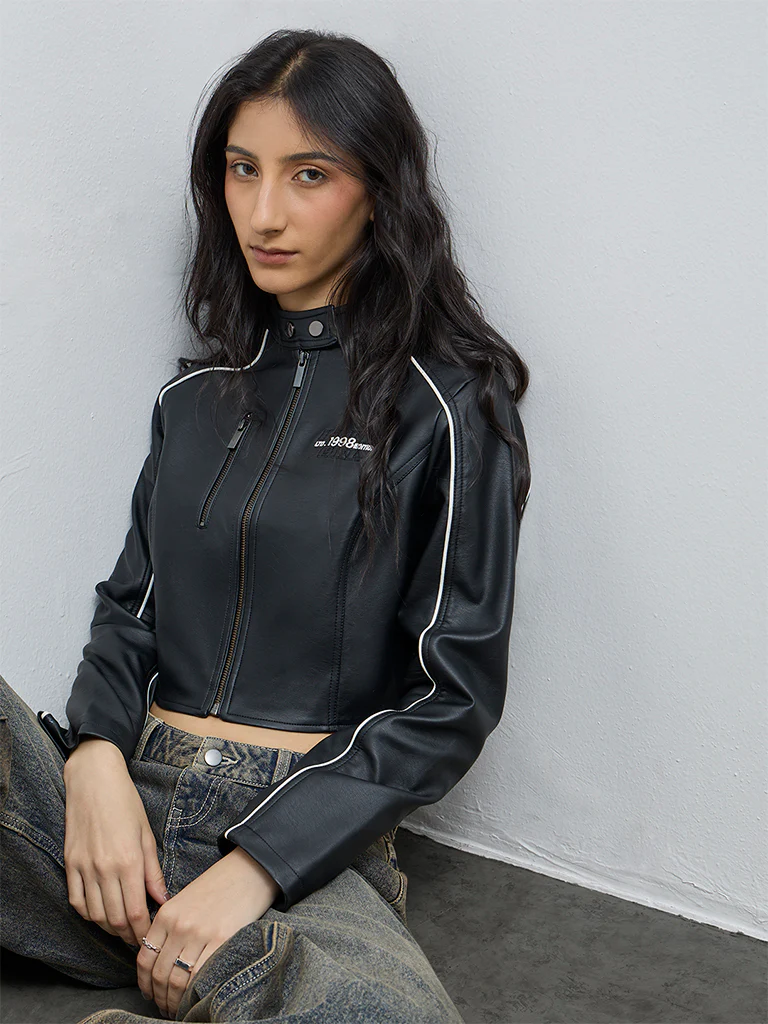 Nuon Black Typographic Faux Leather Jacket