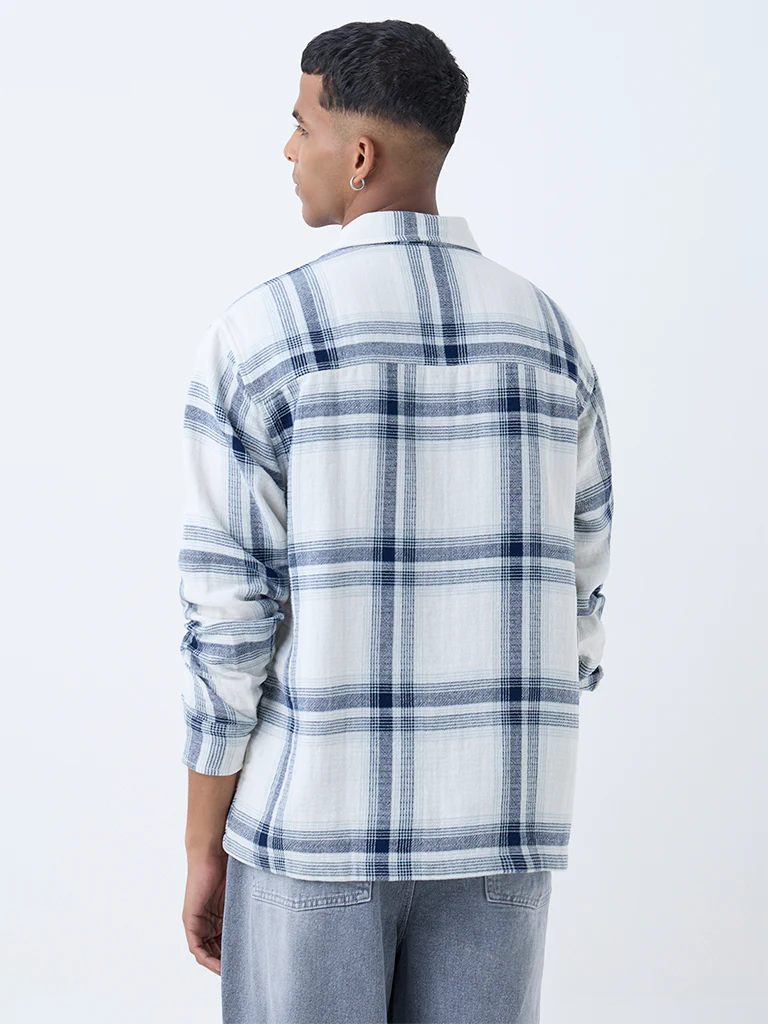 Nuon Blue Checkered Relaxed-Fit Cotton Shirt - Image 4
