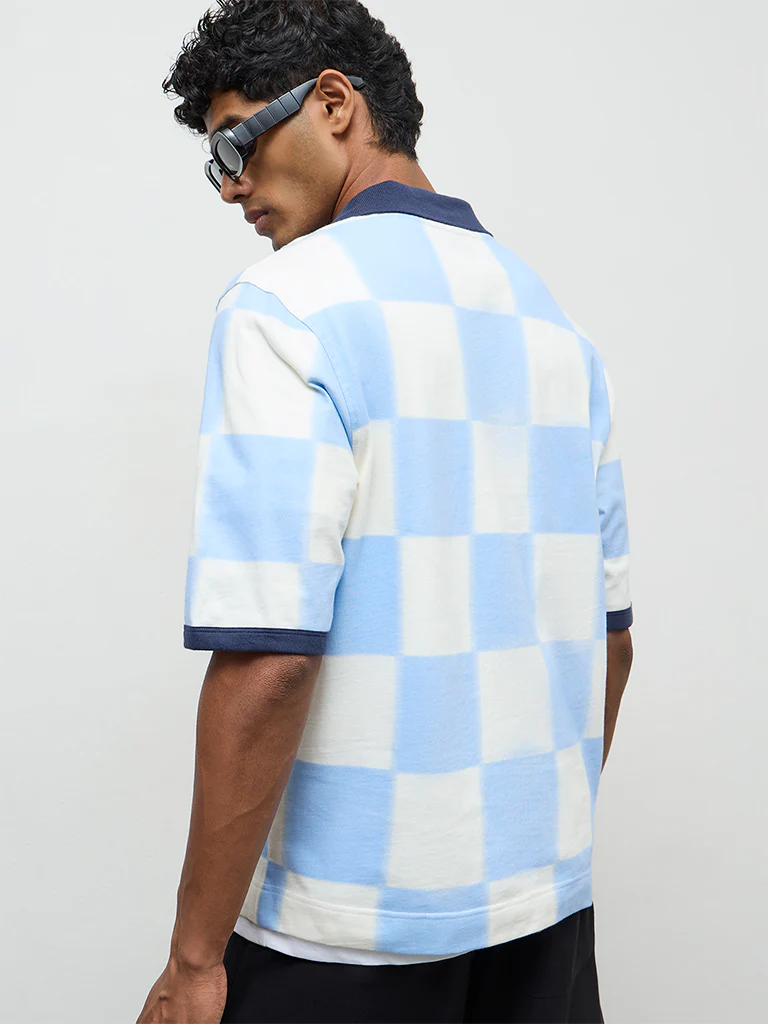 Nuon Blue Checkered Relaxed-Fit Cotton T-Shirt - Image 4
