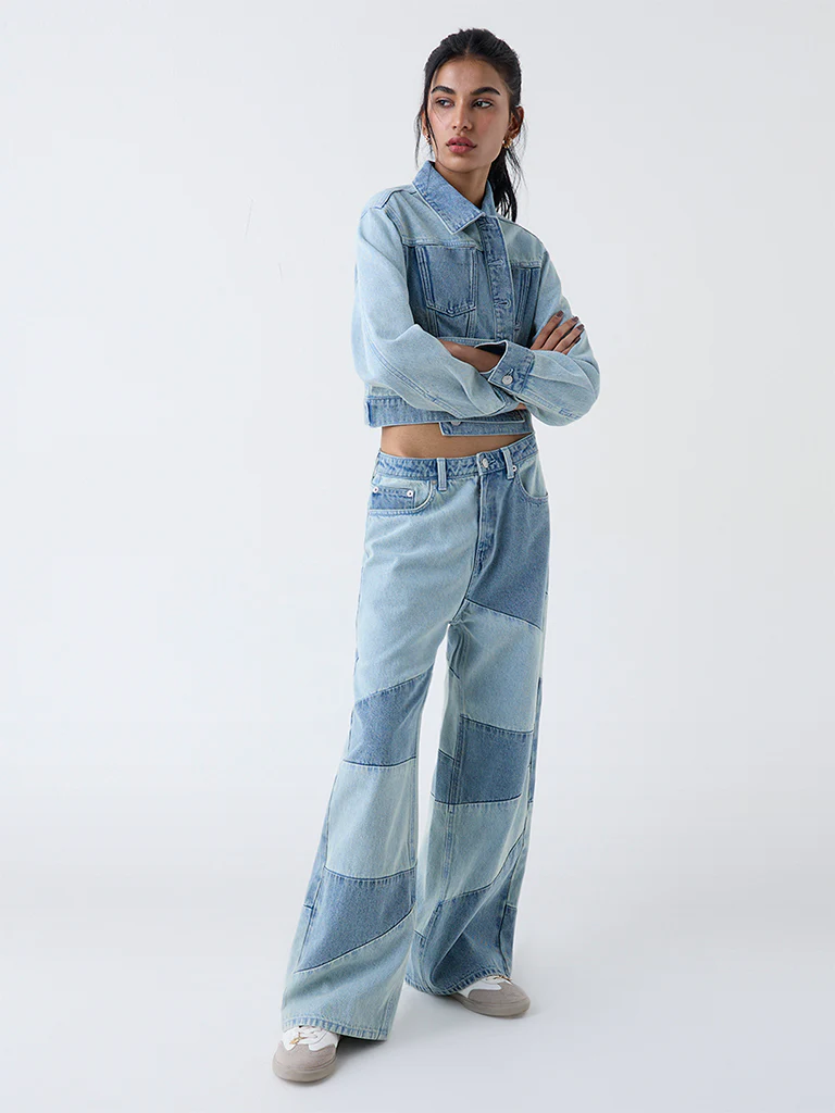 Nuon Blue Colour-Block High-Rise Cotton Jeans