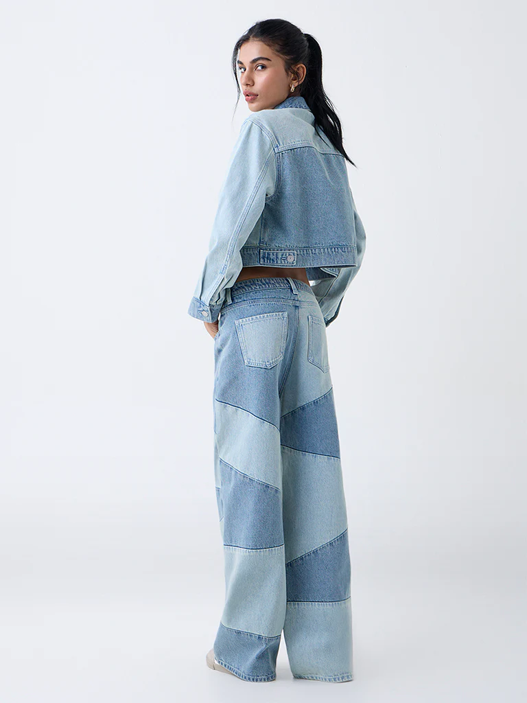 Nuon Blue Colour-Block High-Rise Cotton Jeans - Image 4