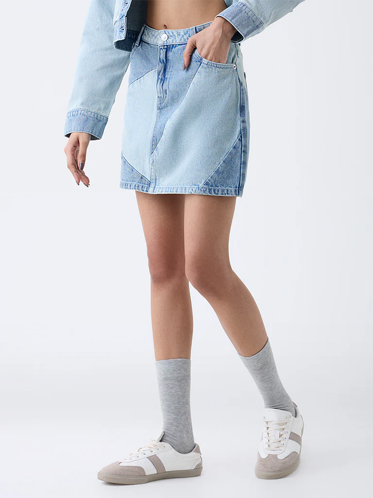 Nuon Blue Colour-Block High-Rise Denim Skirt - Image 2