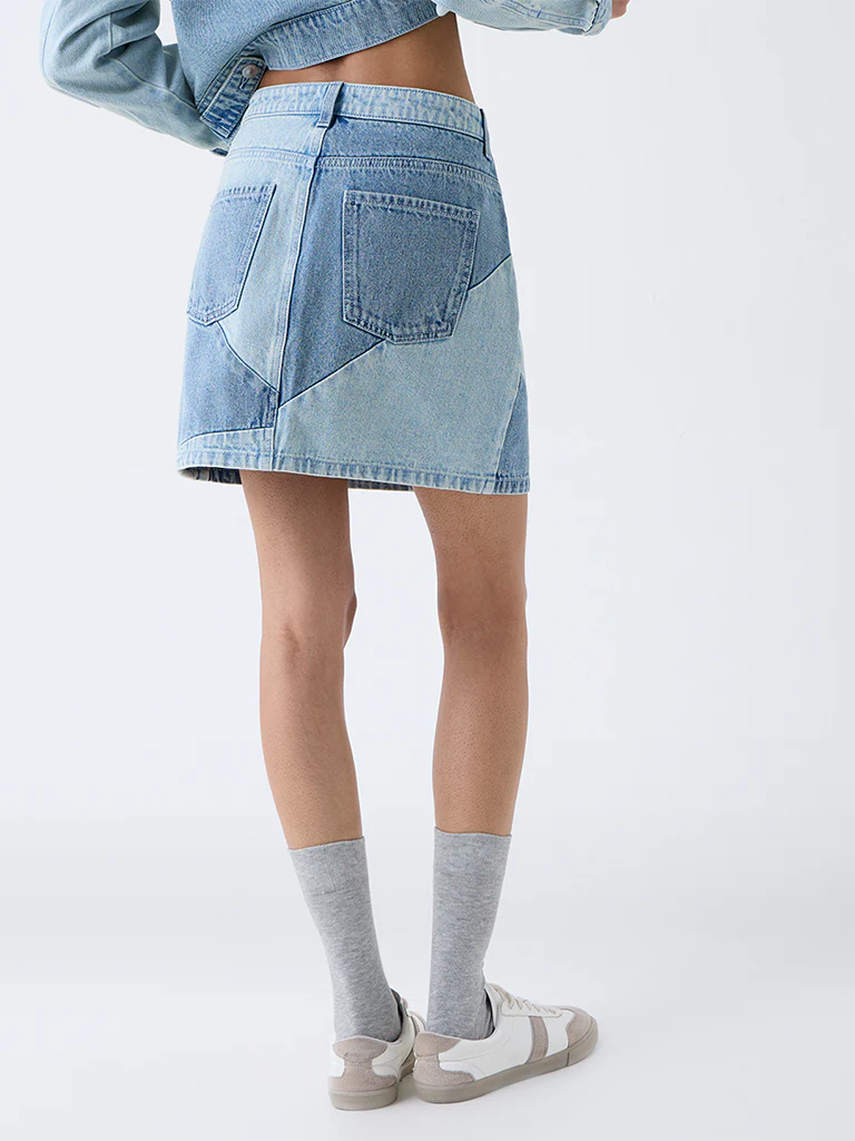 Nuon Blue Colour-Block High-Rise Denim Skirt - Image 4