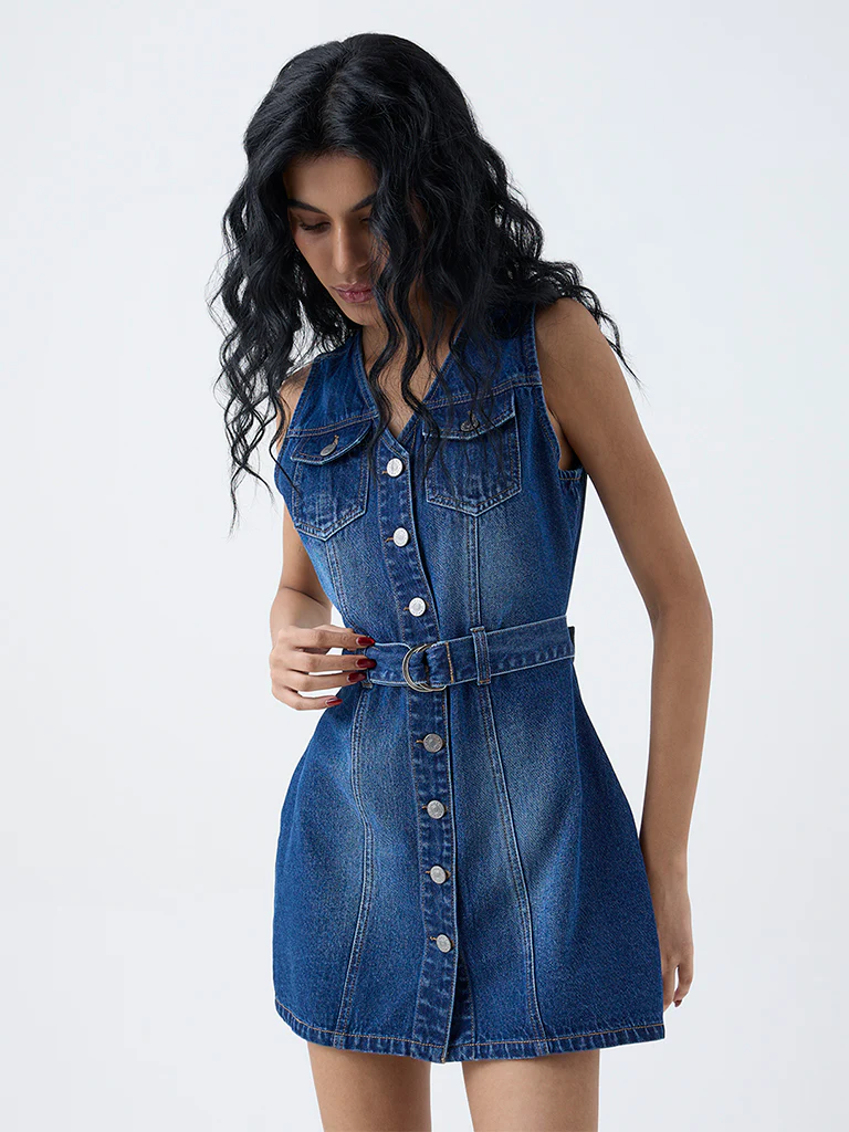 Nuon Blue Denim A-Line Dress with Belt - Image 2
