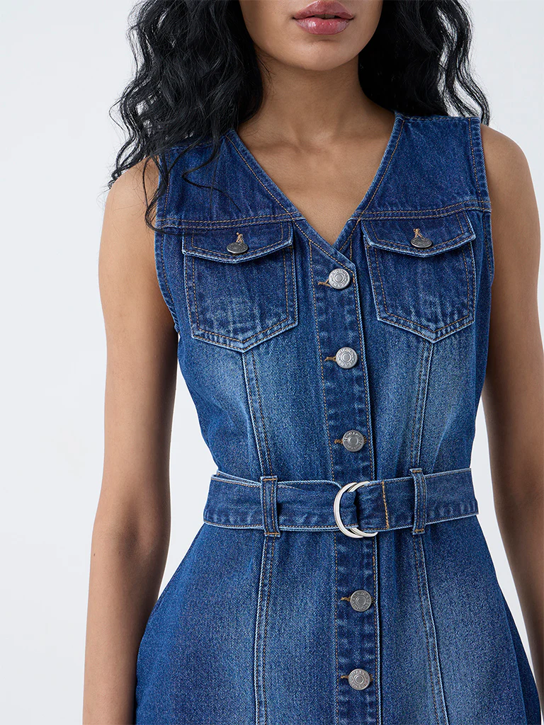 Nuon Blue Denim A-Line Dress with Belt - Image 3