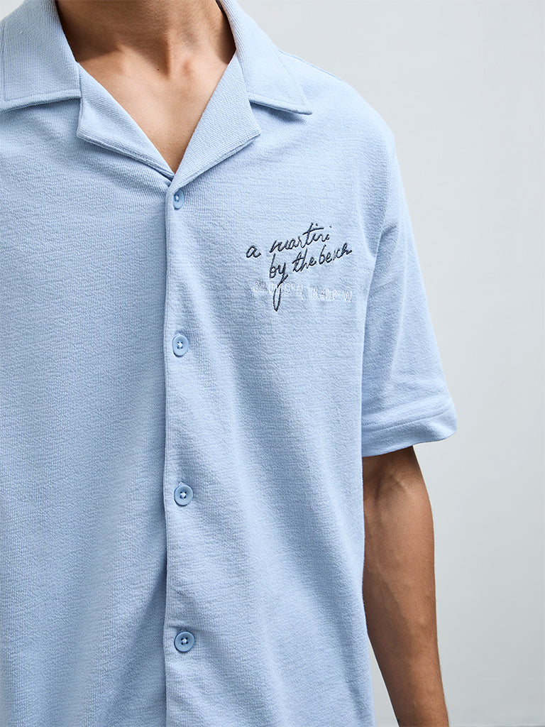 Nuon Blue Embroidered Relaxed-Fit Cotton Shirt - Image 3