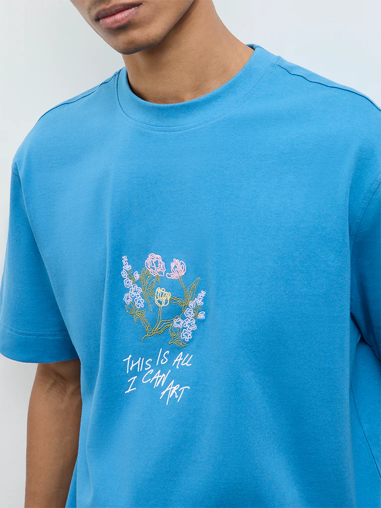 Nuon Blue Embroidered Relaxed-Fit Cotton T-Shirt - Image 3