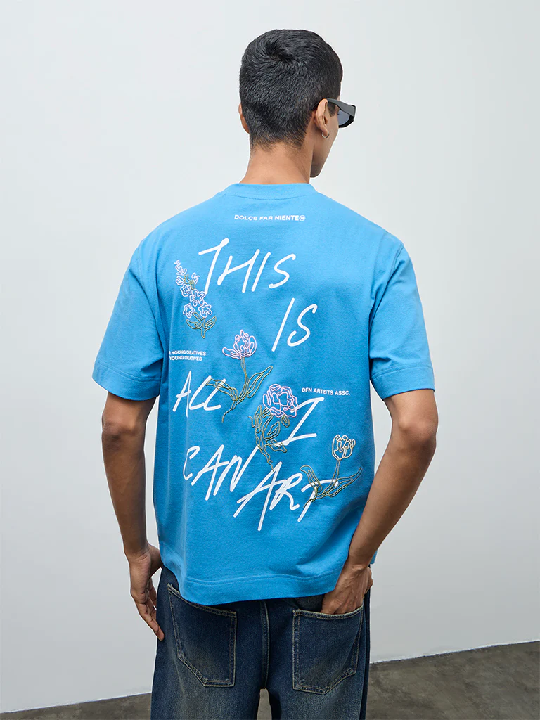 Nuon Blue Embroidered Relaxed-Fit Cotton T-Shirt - Image 4