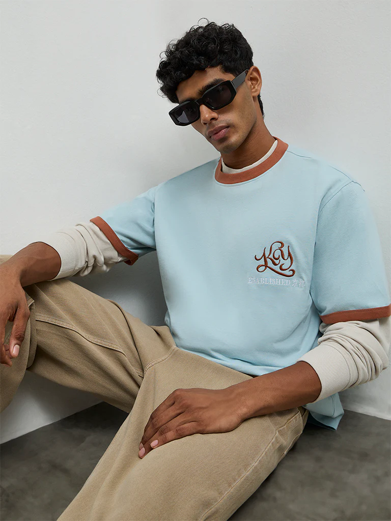 Nuon Blue Embroidered Relaxed-Fit Cotton T-Shirt - Image 2