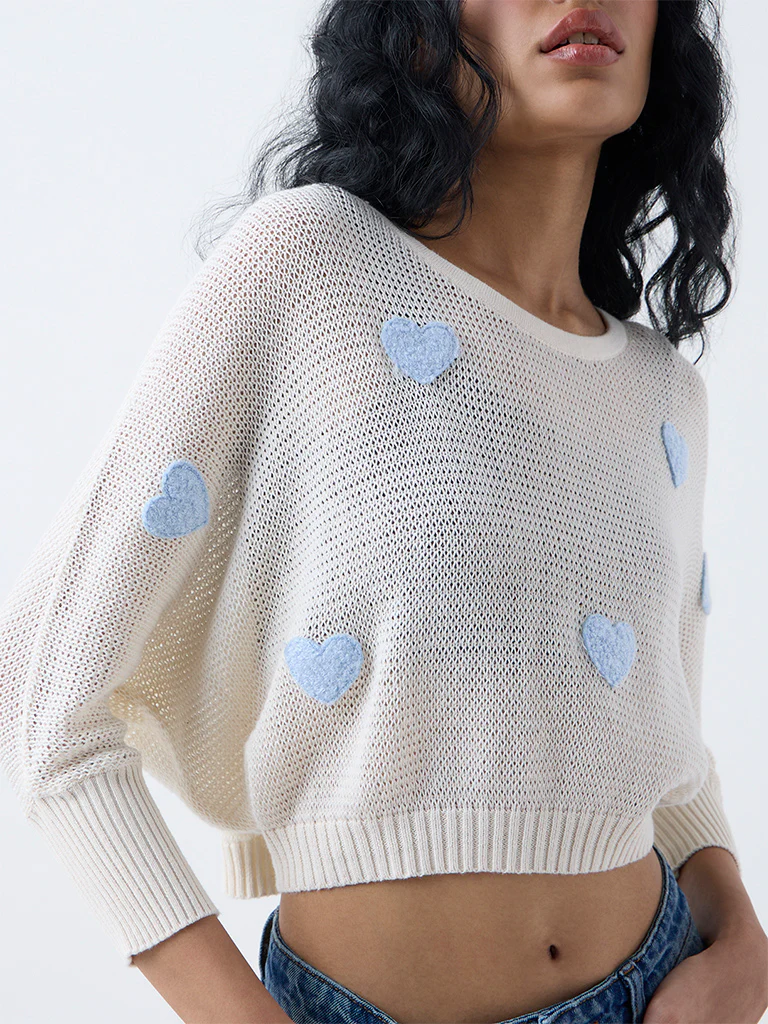 Nuon Blue Heart Embroidered Cotton Sweater - Image 3
