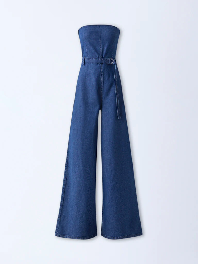 Nuon Blue Off-Shoulder Denim Jumpsuit with Belt - Image 5