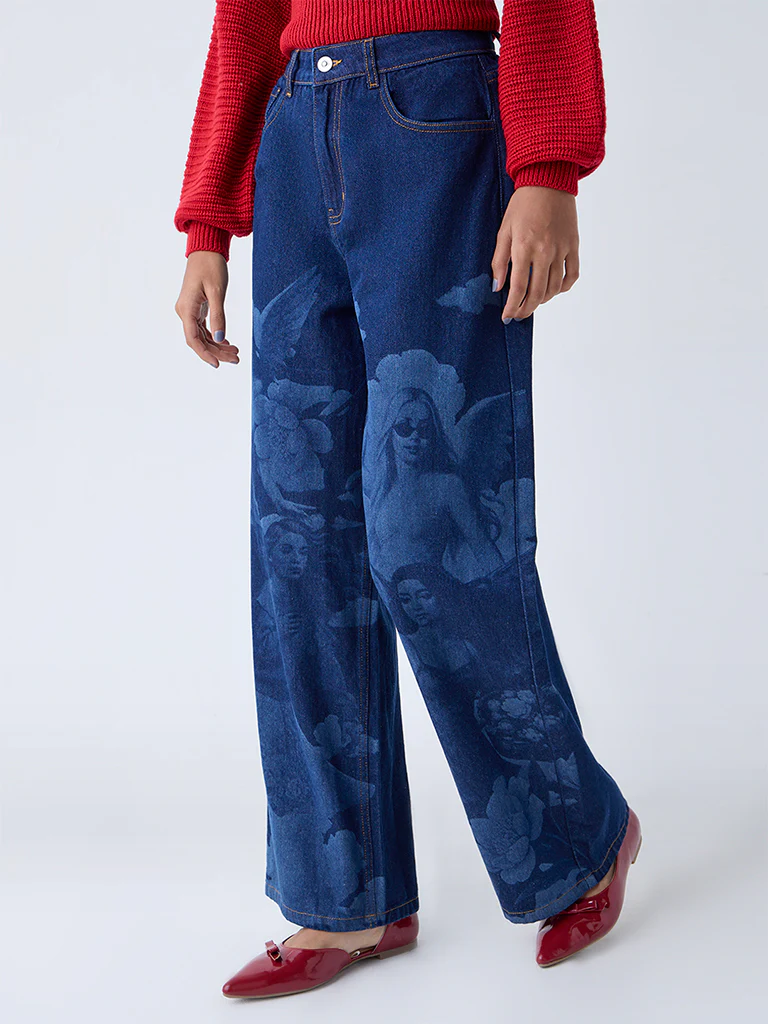 Nuon Blue Printed Relaxed-Fit High-Rise Jeans - Image 2