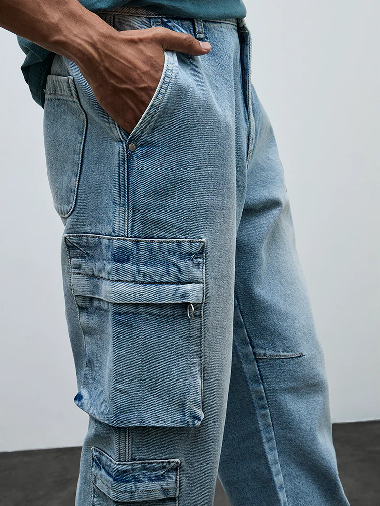 Nuon Blue Relaxed-Fit Mid-Rise Cargo Jeans - Image 3