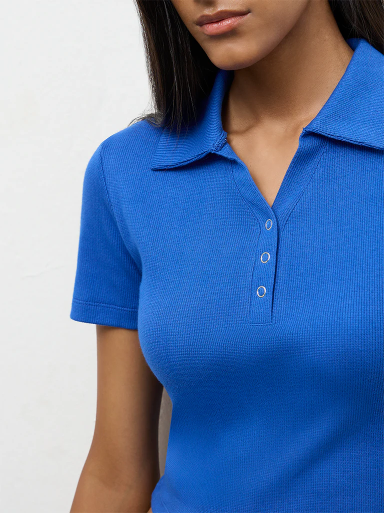Nuon Blue Ribbed-Texture Cotton Top - Image 3