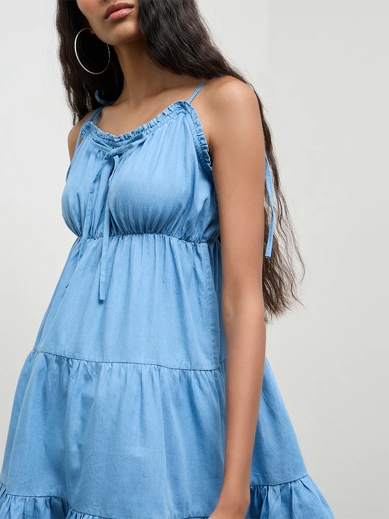 Nuon Blue Ruffle-Detailed Cotton-Blend A-Line Dress - Image 3