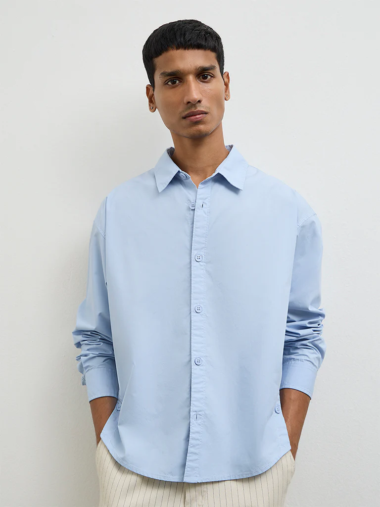 Nuon Blue Solid Boxy-Fit Cotton Shirt