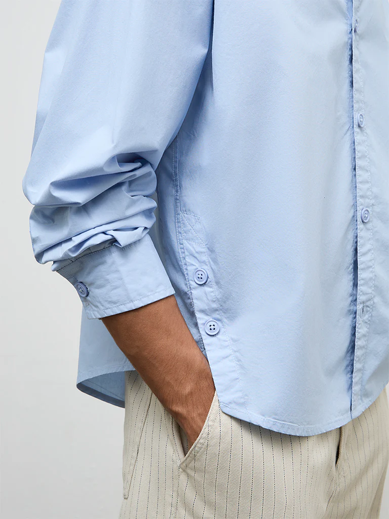 Nuon Blue Solid Boxy-Fit Cotton Shirt - Image 3