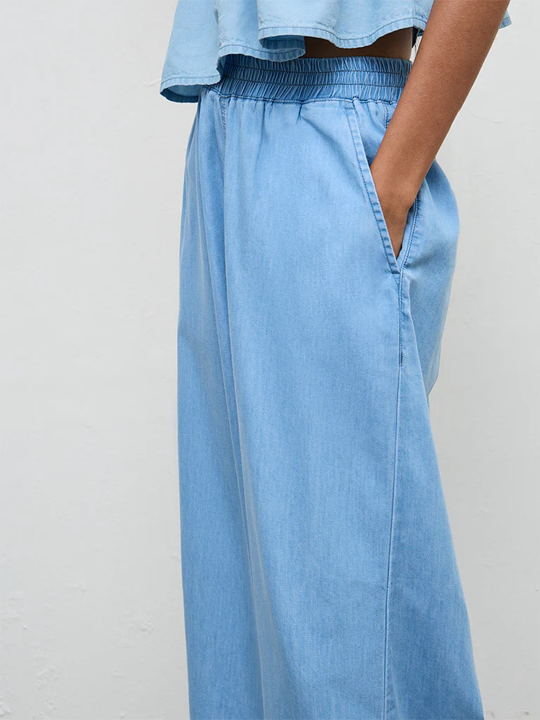 Nuon Blue Solid High-Rise Cotton-Blend Pants - Image 3