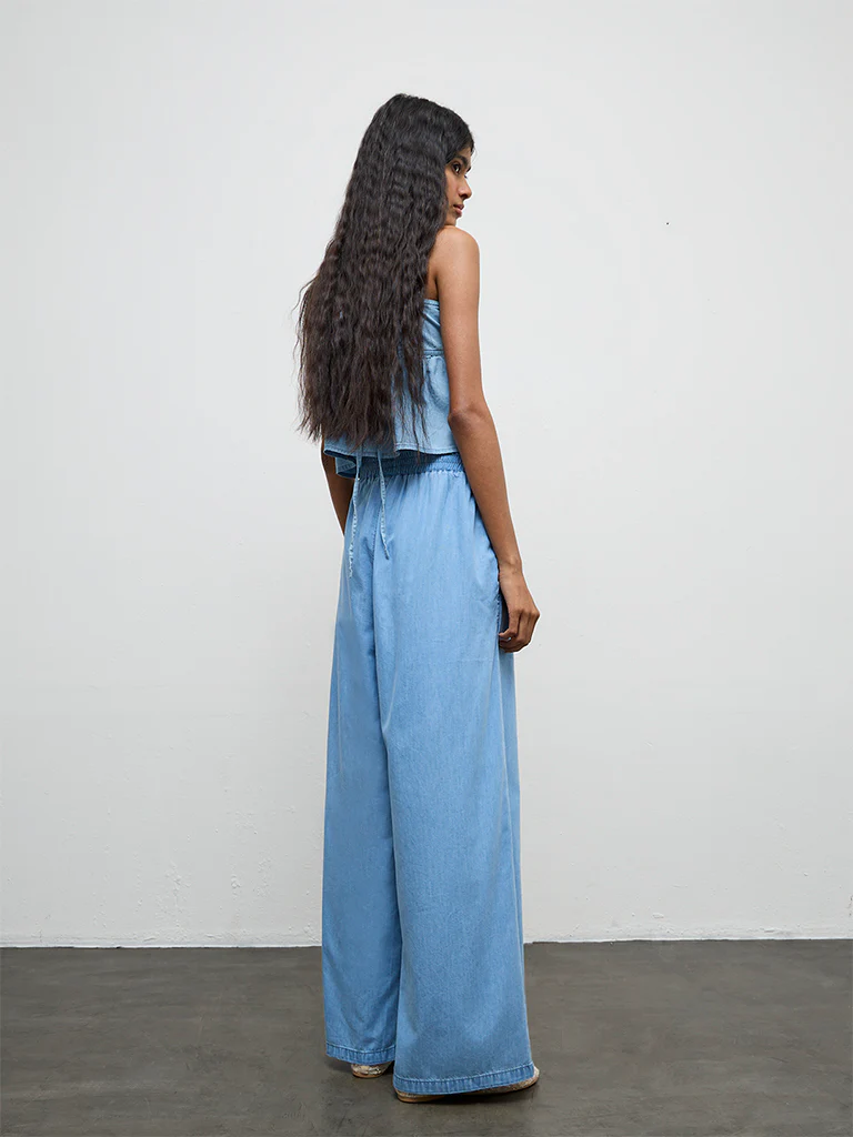 Nuon Blue Solid High-Rise Cotton-Blend Pants - Image 4
