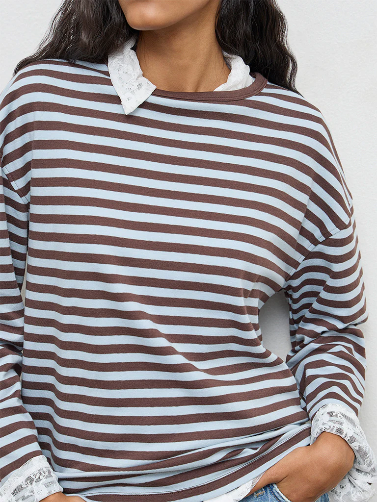 Nuon Blue Stripe Pattern Cotton T-Shirt - Image 3
