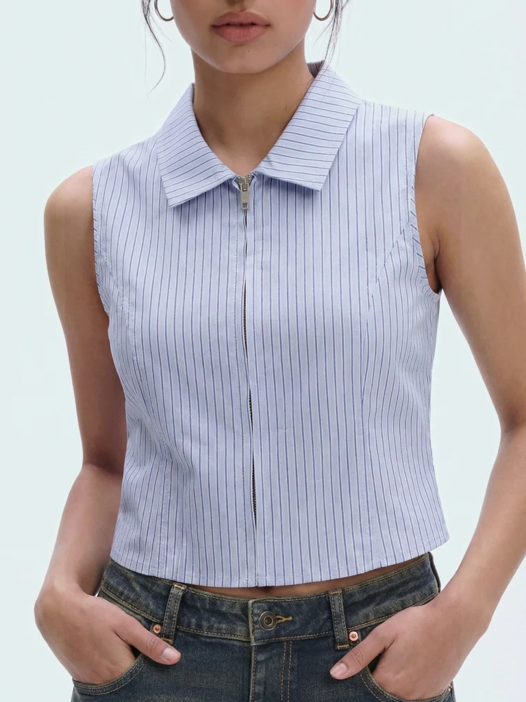 Nuon Blue Striped Cotton Crop Top - Image 3