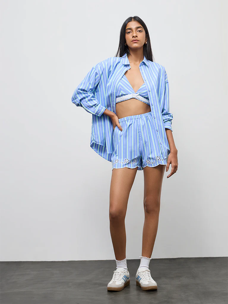 Nuon Blue Striped High-Rise Shorts