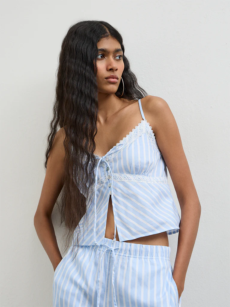 Nuon Blue Striped Lace-Detailed Cotton Top