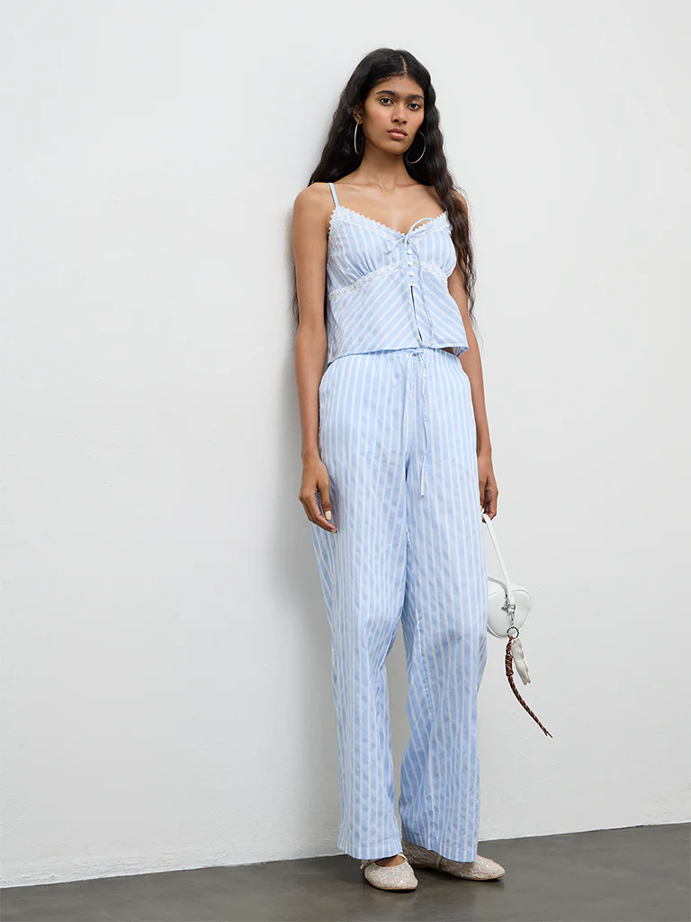 Nuon Blue Striped Lace-Detailed Cotton Top - Image 2