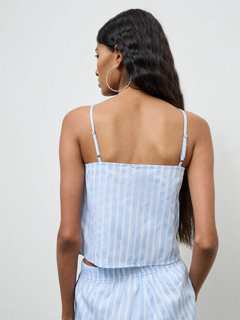 Nuon Blue Striped Lace-Detailed Cotton Top - Image 4