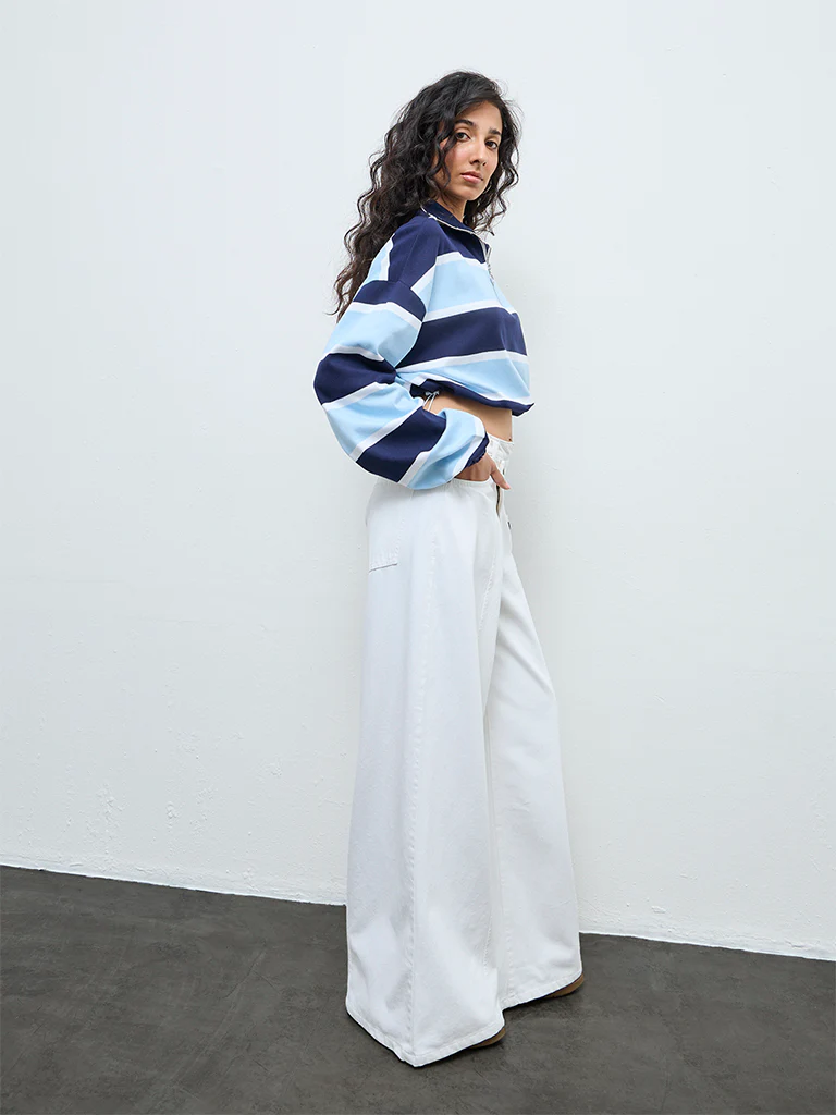 Nuon Blue Striped Quarter-Zip Cotton T-Shirt - Image 2
