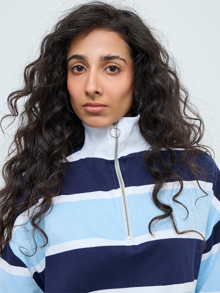 Nuon Blue Striped Quarter-Zip Cotton T-Shirt - Image 3