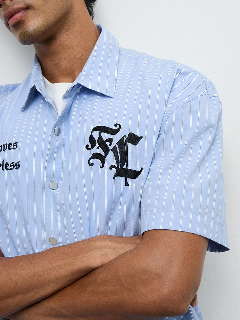 Nuon Blue Striped Relaxed-Fit Cotton Shirt - Image 3