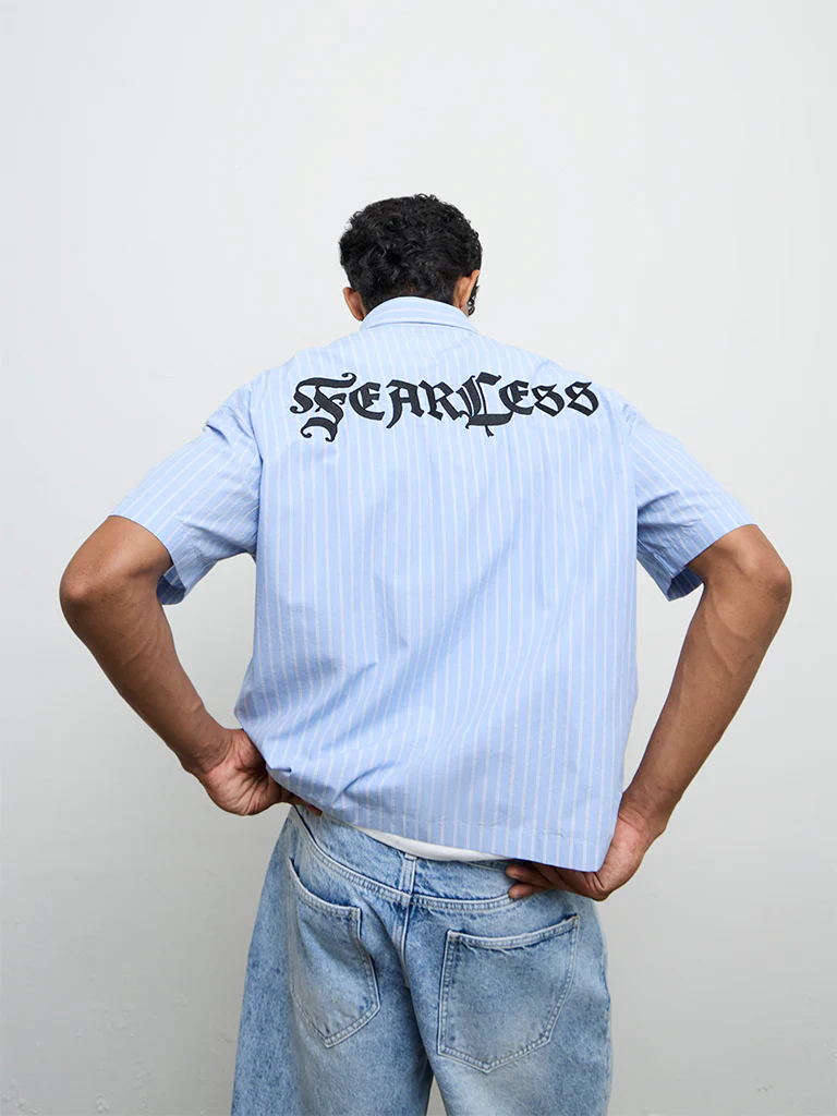 Nuon Blue Striped Relaxed-Fit Cotton Shirt - Image 4