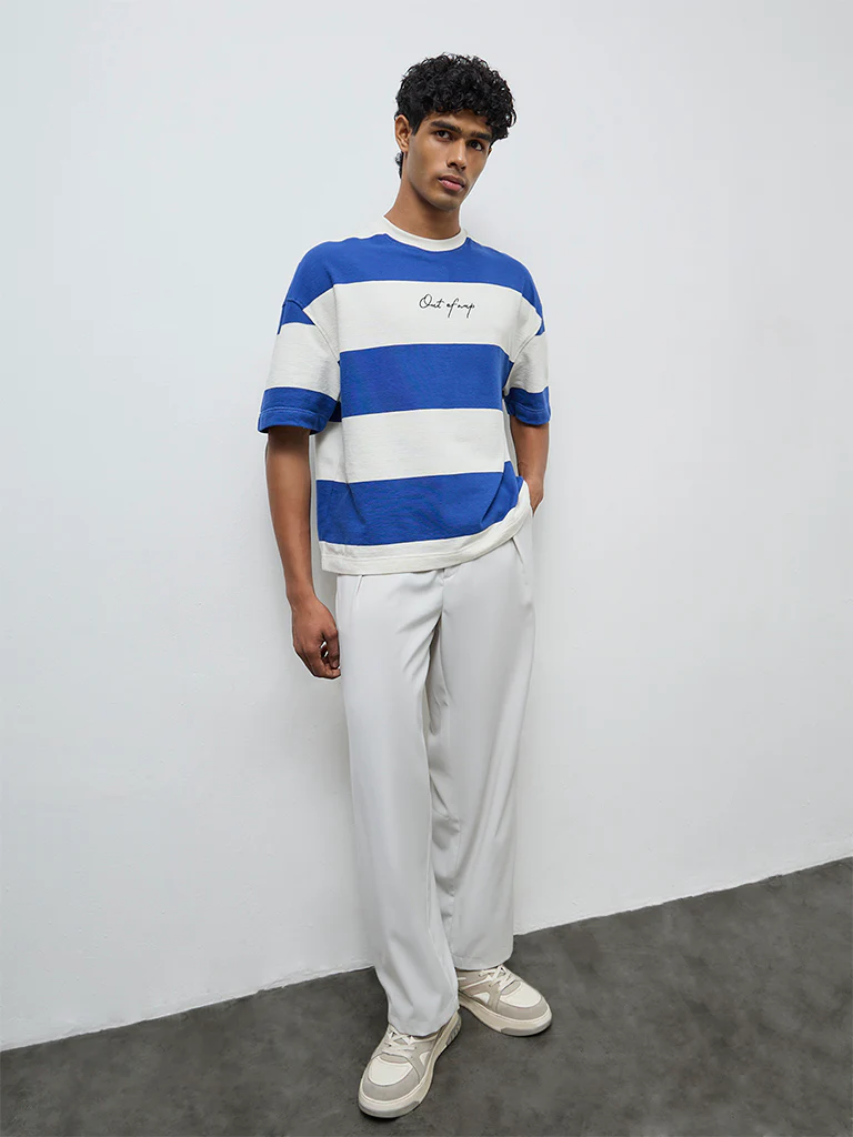 Nuon Blue Striped Relaxed-Fit Cotton T-Shirt - Image 2