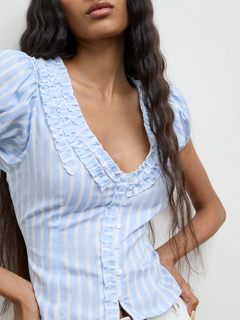 Nuon Blue Striped Ruffle-Detailed Cotton Top - Image 3