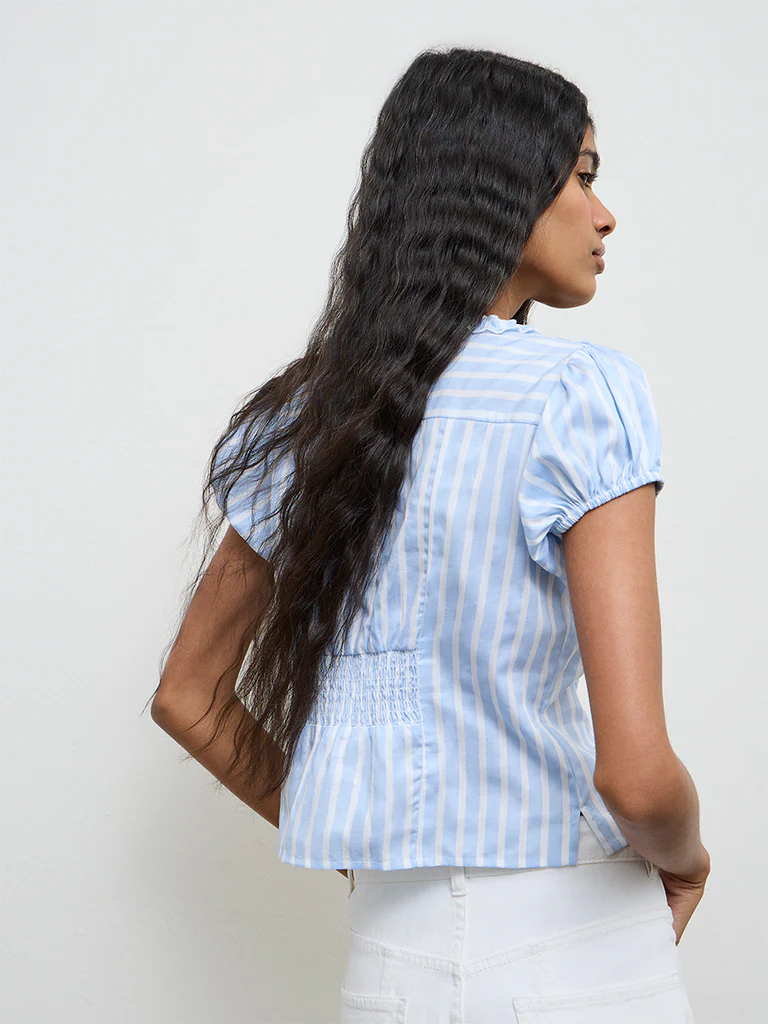 Nuon Blue Striped Ruffle-Detailed Cotton Top - Image 4