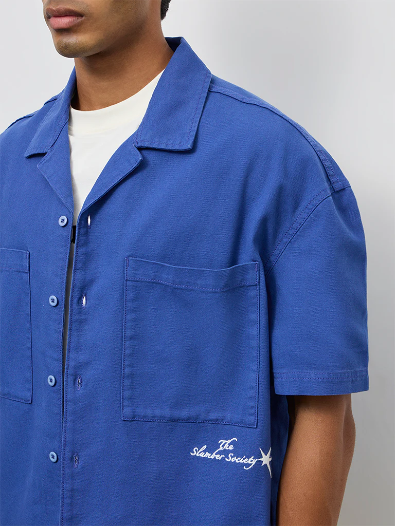 Nuon Blue Text-Detail Boxy-Fit Cotton Shirt - Image 3