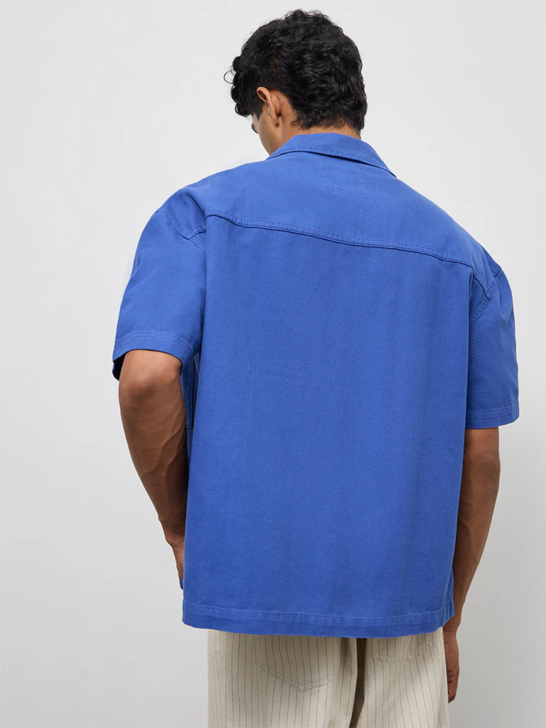 Nuon Blue Text-Detail Boxy-Fit Cotton Shirt - Image 4