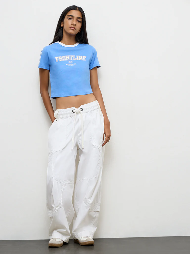 Nuon Blue Text-Printed Cotton T-Shirt - Image 2