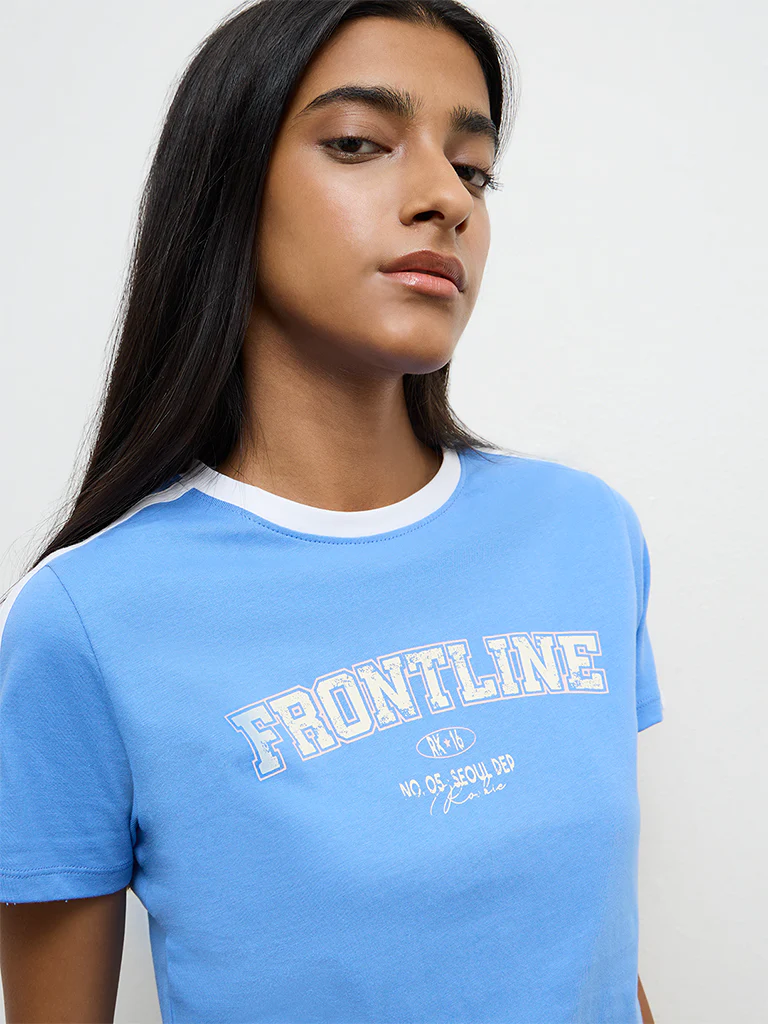 Nuon Blue Text-Printed Cotton T-Shirt - Image 3