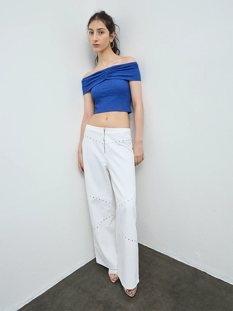 Nuon Blue Textured Off-Shoulder Top - Image 2
