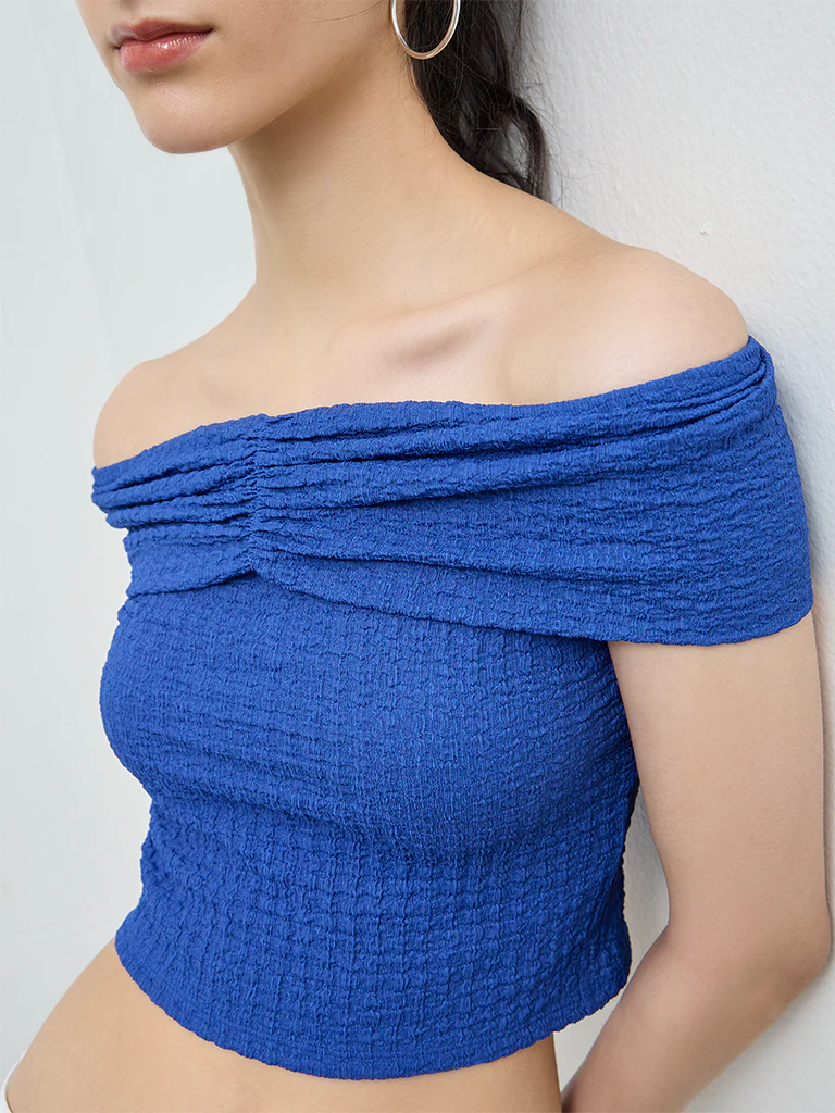 Nuon Blue Textured Off-Shoulder Top - Image 3