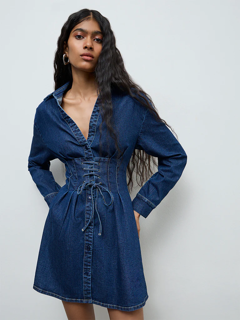 Nuon Blue Tie-Up Denim A-Line Dress - Image 2