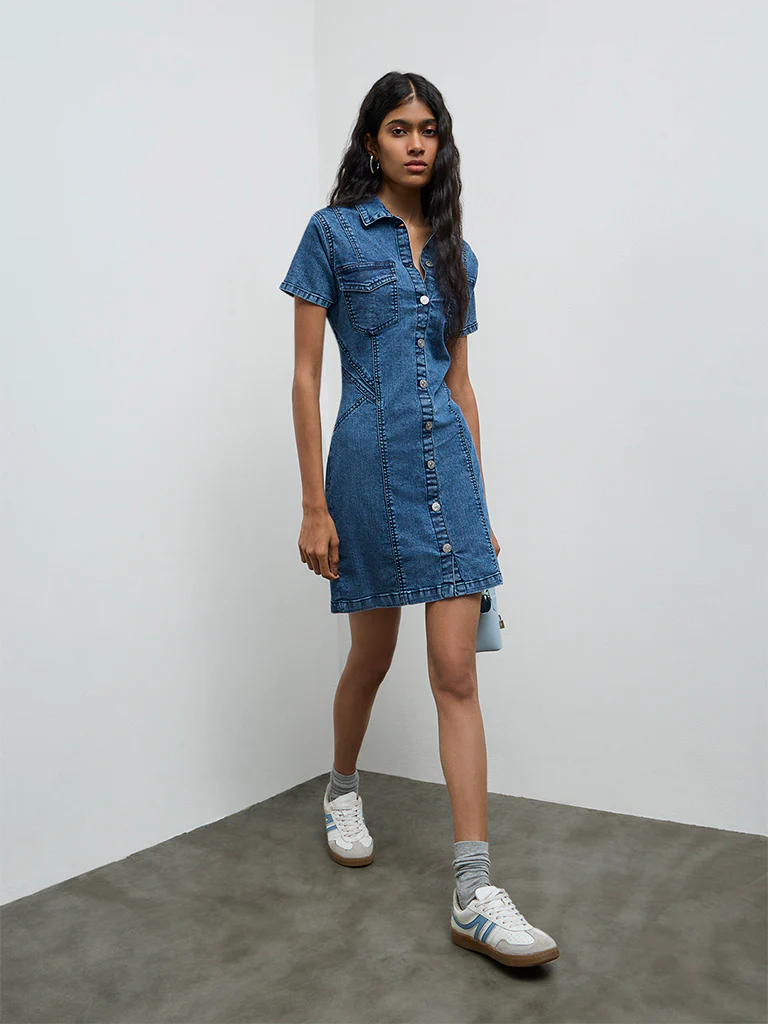 Nuon Blue Washed Denim Straight Dress - Image 2