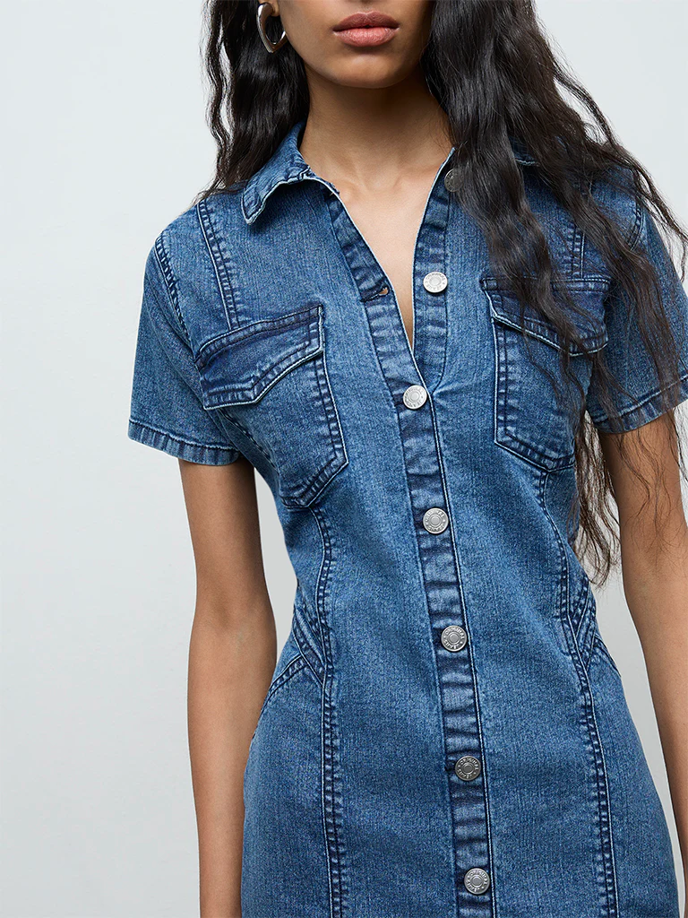 Nuon Blue Washed Denim Straight Dress - Image 3