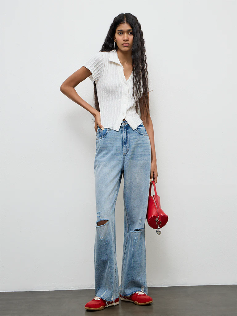 Nuon Blue Washed Distressed High-Rise Jeans