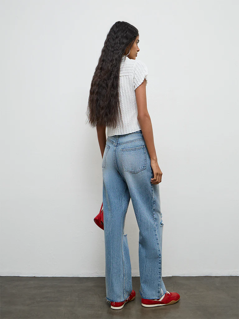 Nuon Blue Washed Distressed High-Rise Jeans - Image 4