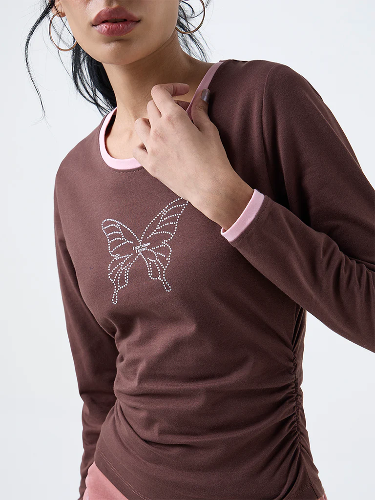 Nuon Brown Butterfly-Detail Cotton-Blend Mesh Top - Image 3